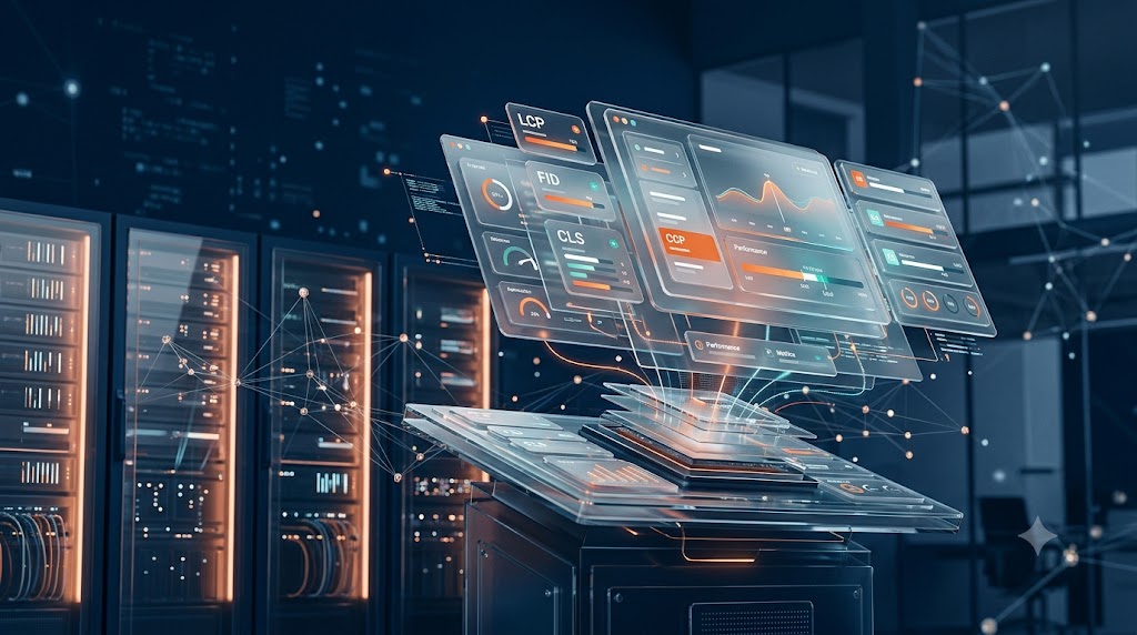 Senior SEO engineer analyzing website architecture metrics and Core Web Vitals on a glassmorphic dashboard in navy blue and accent orange theme.