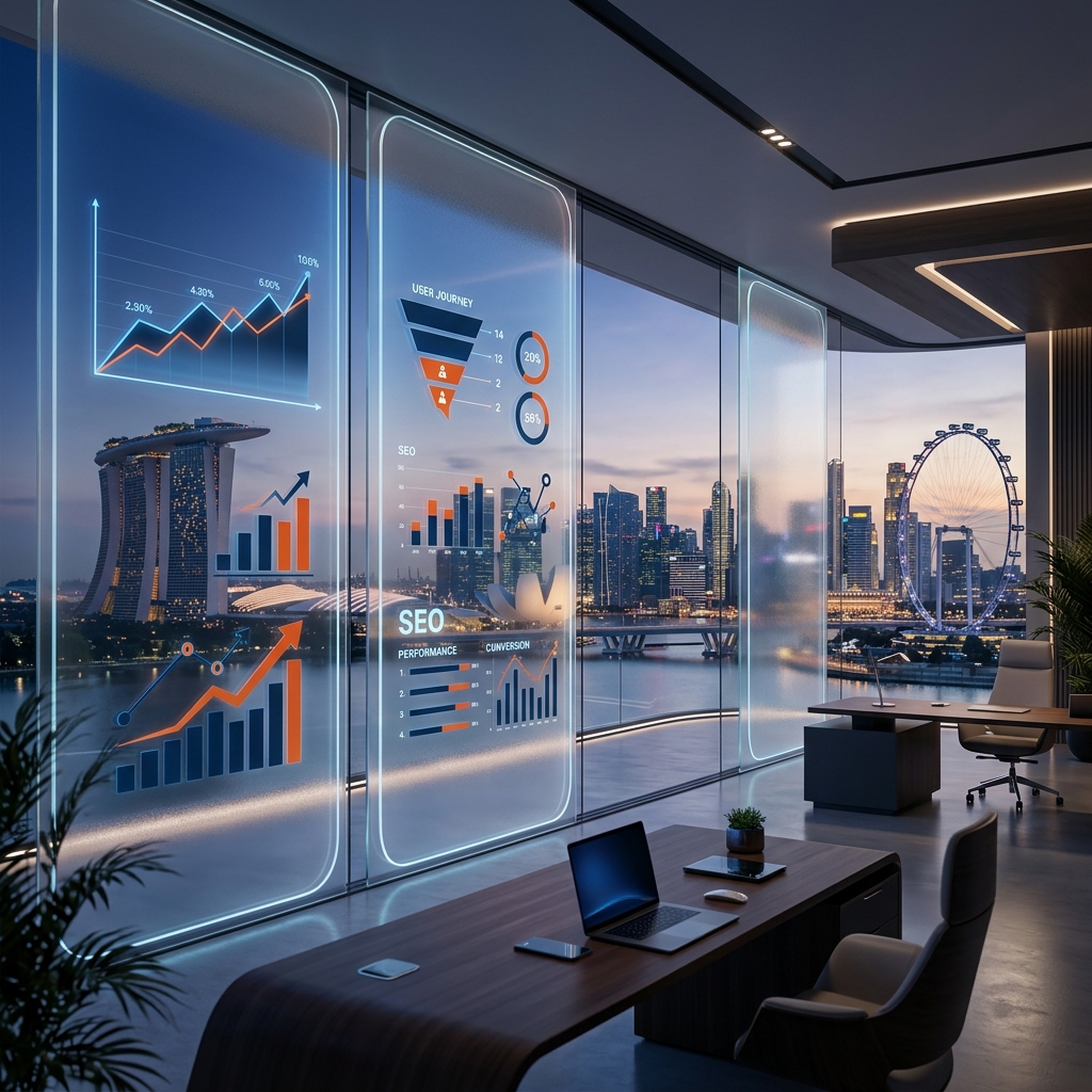Modern corporate glassmorphic workspace overlooking the Singapore skyline, illustrating how to master B2B digital marketing Singapore to dominate Southeast Asia.