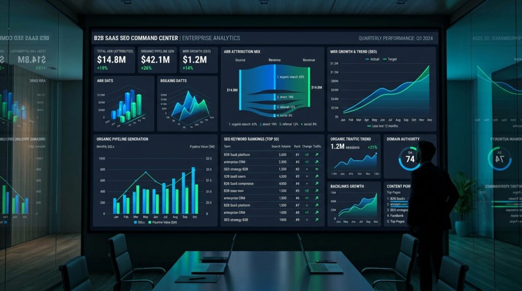B2B SaaS SEO strategy executive command center dashboard displaying organic pipeline and ARR metrics