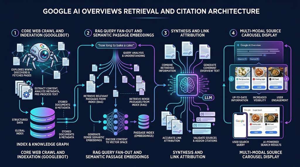 Google AI Overviews retrieval and citation architecture diagram