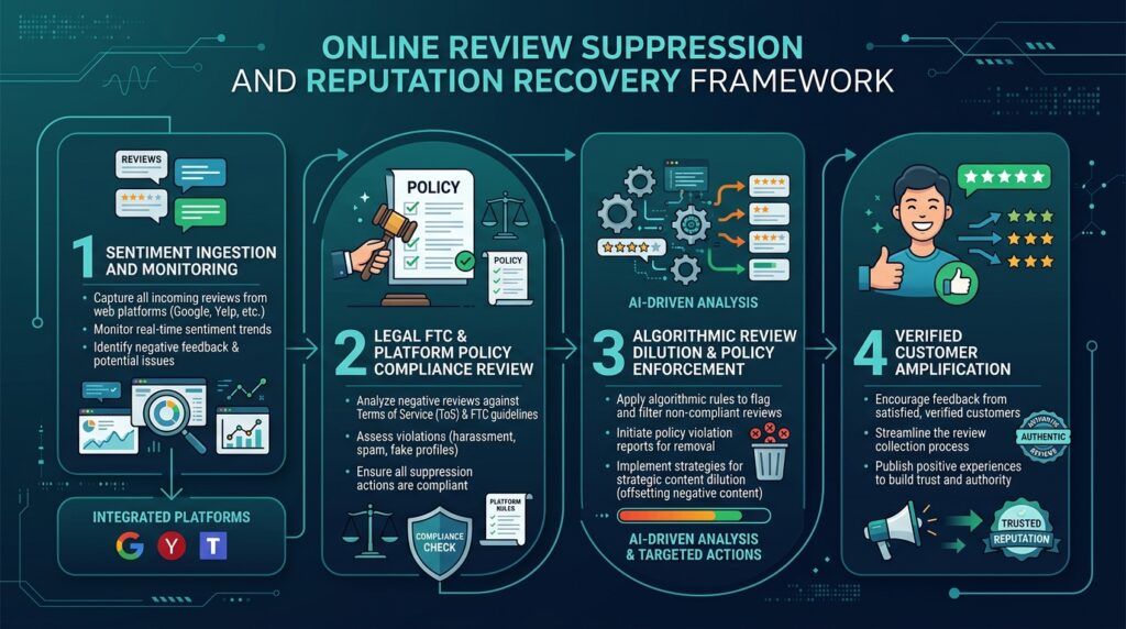 Online review suppression for businesses lifecycle and sentiment recovery diagram