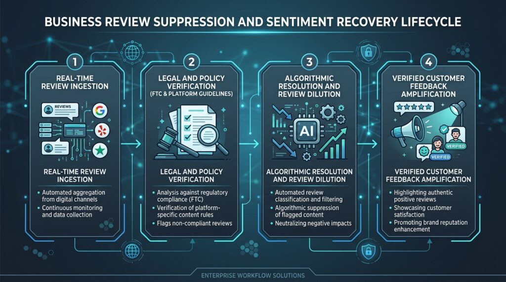 Online review suppression for businesses lifecycle and sentiment recovery diagram