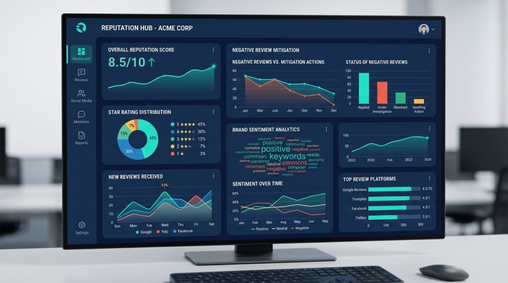 Online review suppression for businesses executive dashboard and reputation management interface