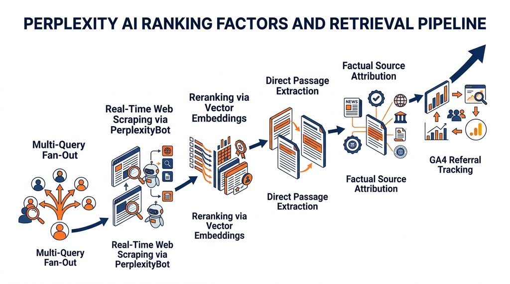 Perplexity AI ranking factors retrieval and citation workflow diagram