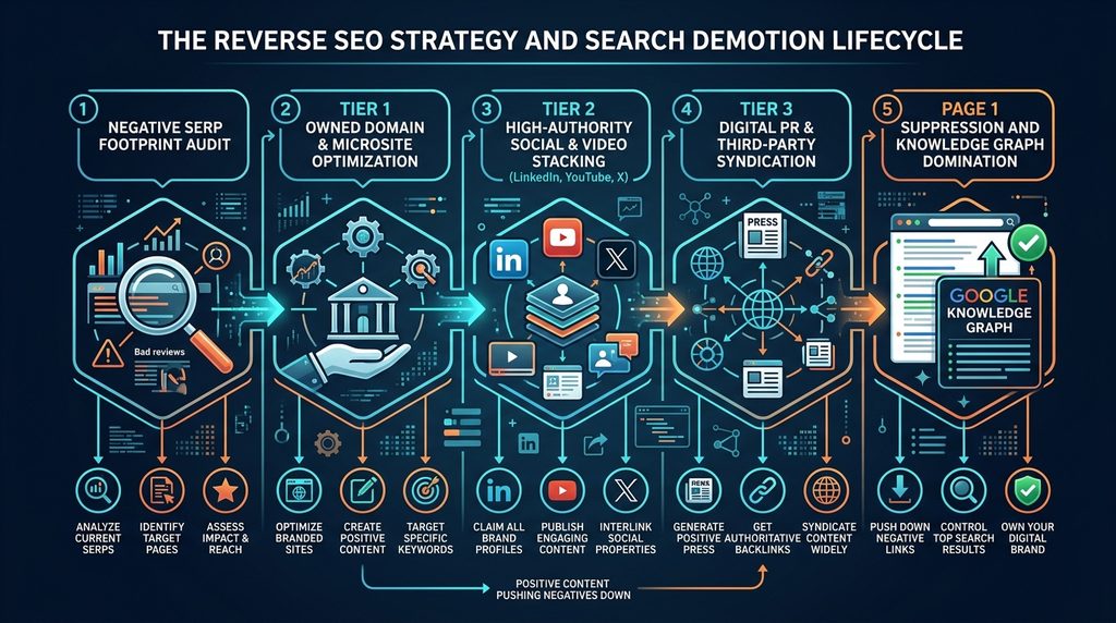 5-tier reverse SEO strategy architecture diagram showing owned earned and high-authority entity suppression