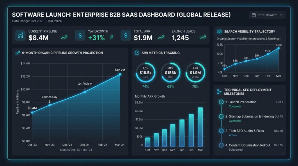 6-month B2B SaaS SEO launch roadmap and ARR pipeline growth dashboard
