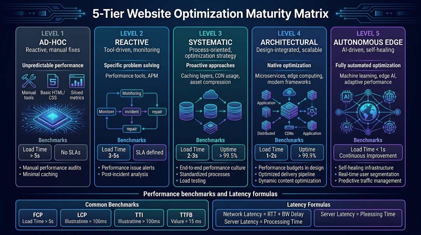 Enterprise website optimization service dashboard showing Core Web Vitals metrics and edge network latency